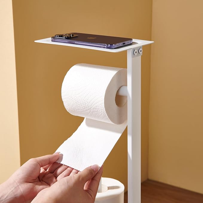 Freestanding Toilet Paper Holder for Bathroom–Stainless Steel Square Tissue Dispenser with Storage Tray & Roll Organizer (White)