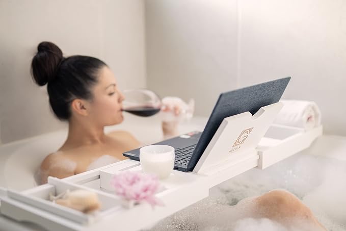 3-in-1 Premium Bathtub Caddy, Laptop Desk & Bed Tray with Extendable Arms and Adjustable Legs - Includes a Free Soap Dish, Two Spa Trays and Tablet/Wine Glass/Candle/Phone Holders - White Bamboo