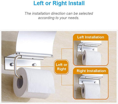 Toilet Paper Holder Wall Mounted with Phone Shelf Tray for Bathroom Restroom Hotel,Aluminum TP Holder Wall Mount with Cover Lid Metal Modern Rust Free Universal Tissue fit Mega Roll, Matte Silver