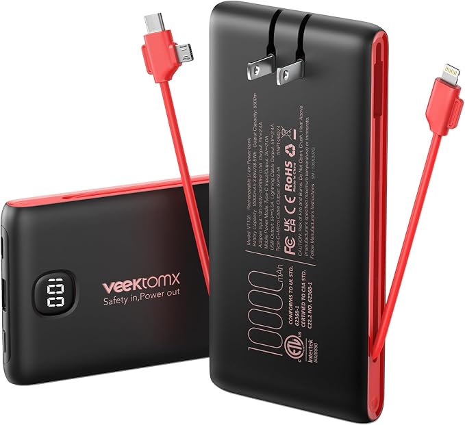 Portable Charger Power Bank Built in Cables and Wall Plug, 10000mAh iPhone Battery Pack Fast Charging, USB C External Slim Power Bank, Travel Essentials Compatible with iPhone 17 16 15 14 iPad