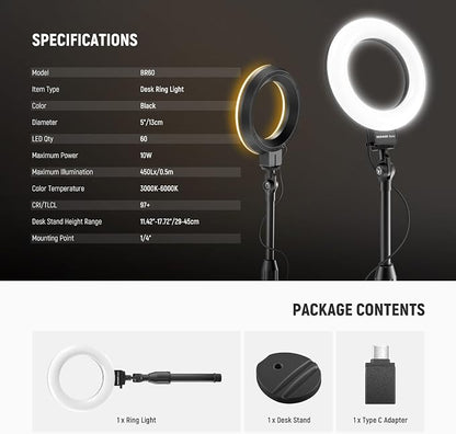 NEEWER Basics 5"/13cm Desk Ring Light with Stand, Phone Holder Base, 10W LED Selfie Light Compatible with iPhone for Video Recording Laptop Webcam Zoom Video Conference Lighting Makeup, Black BR60