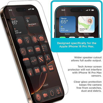 Tech Armor for iPhone 16 Pro Max Screen Protector - Ballistic Tempered Glass, Case Friendly, Sensor Protection, HD, 9H Hardness, 3 Pack + Bonus Camera Lens Protector