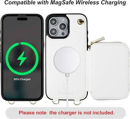 Bocasal for MagSafe Crossbody Wallet Case Compatible with iPhone 16 Pro, RFID Blocking Protective Purse Case with Card Slots Holder Kickstand Wrist Strap Lanyard Zipper 6.3 Inch 5G (White)