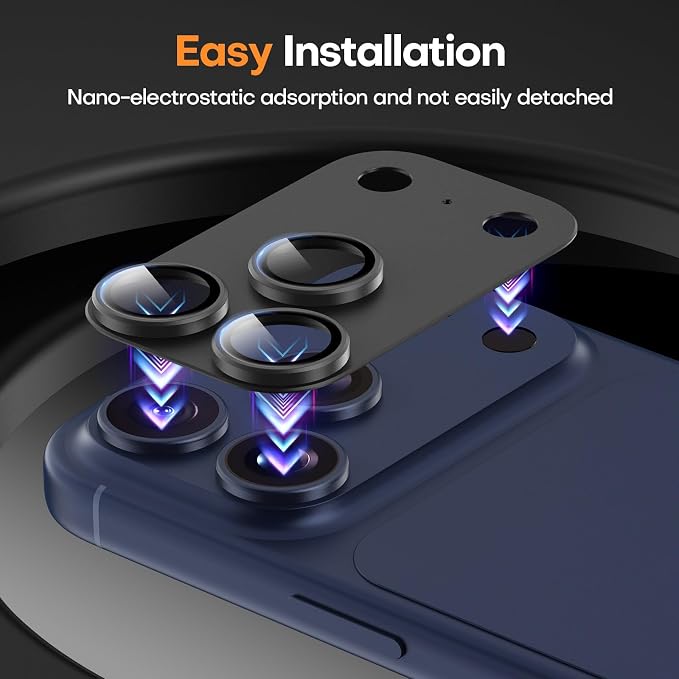Jeluse Compatible with iPhone 17 Pro Max Camera Lens Protector, Strong Adhesion Full Coverage Metal Aluminum Alloy Ultra Clarity Tempered Glass Camera Screen Protector