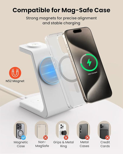 Magsafe Wireless Charging Station for iPhone: Qi2 Certified 15W Fast Charging Station, 3 in 1 Magnetic Charger Stand for iPhone 17/16/15/14/13/12 Series, Apple Watch, AirPods 4/3/Pro
