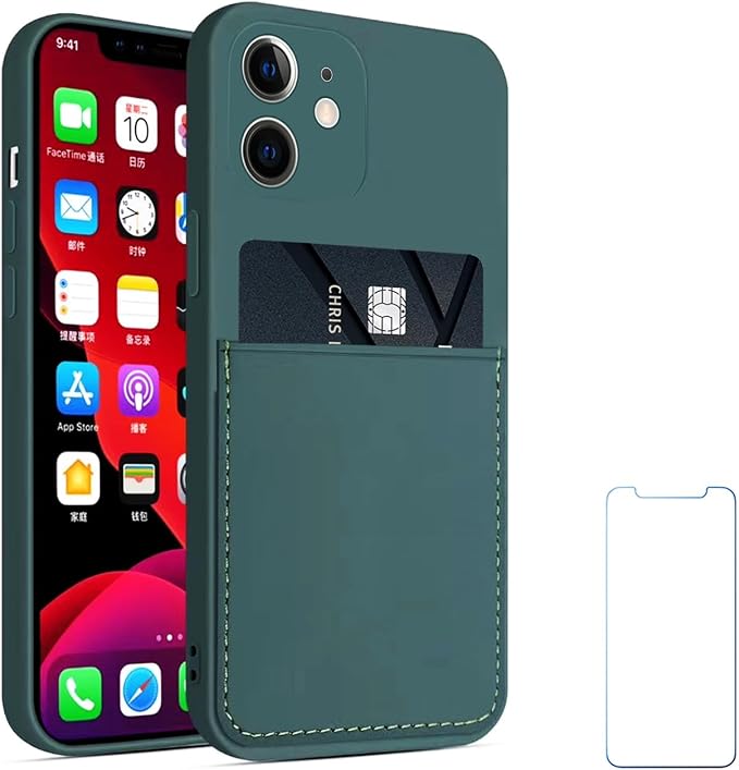 Ultra Slim Liquid Silicon Gel Case Compatible for iPhone 12 mini 5.4 inch 2020 with Card Holder Sleeves Slot Anti-Scratch Shockproof Wallet Cover with Screen Protector (Pine Green)