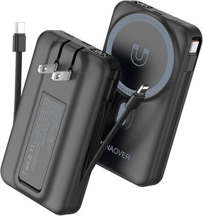 for Magsafe Magnetic Portable Charger, 10000mAh Wireless Power Bank with Built-in Cable & AC Wall Plug, Battery Pack PD 22.5W with Stand, LED Display for iPhone 17/16/15/14/13 Series, Samsung, Pixel