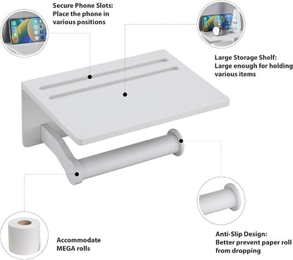 Homely Trove Toilet Paper Holder with Phone Shelf - Tissue Roll Holder Bathroom Storage Dispenser - Adhesive Toilet Paper Holder Wall Mount Bathroom Décor - Matte White