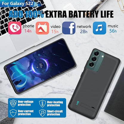 [2025 Version Battery Case for Samsung Galaxy S22, 4800mAh Rechargeable Extended Battery Charging/Charger Case, Add 100% Extra Juice (6.1 Inches) Black
