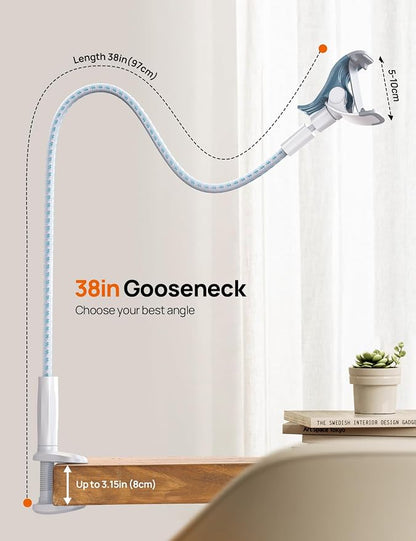 Aomiker Gooseneck Phone Holder for Bed - [Upgrade Nylon Braid] 38” Flexible Lazy Arm Clip, 360 Adjustable Overhead Phone Mount for iPhone 16 15 14 13 12 11 Pro Max Mini Plus, 4-7" Cellphone - White