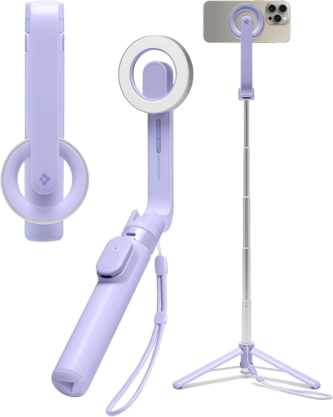 Spigen Selfie Stick Tripod Stand with Bluetooth Remote Control Shutter 24" Extendable Compatible with MagSafe iPhone 17/16/15/14/13/12 Pixelsnap Pixel 10 Series & More - Lavender (S571W)