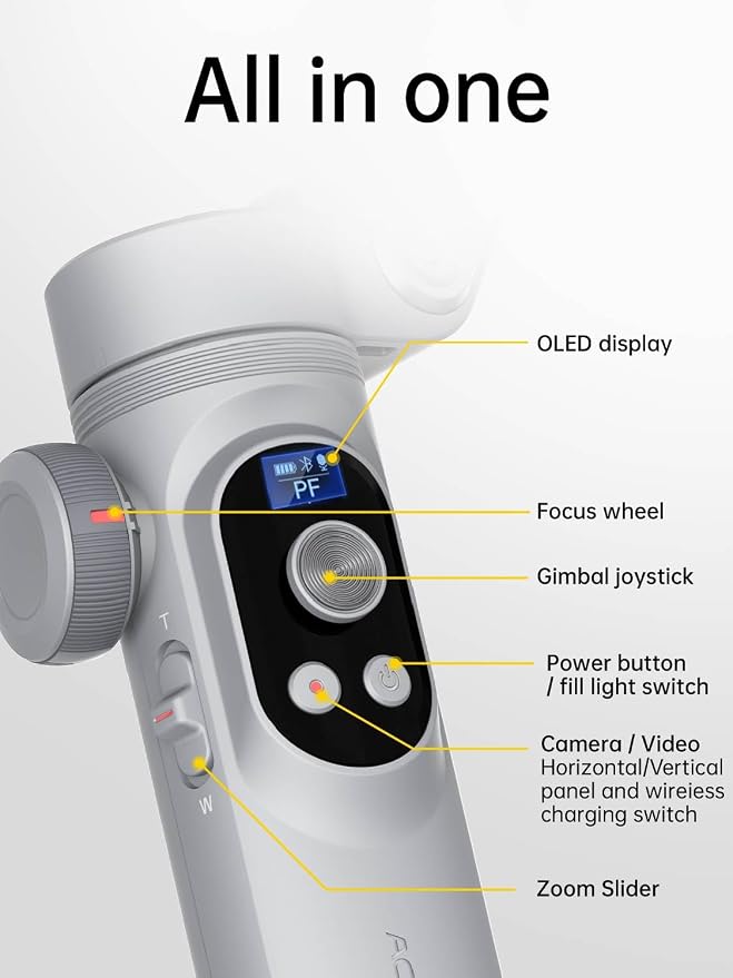 AOCHUAN iPhone Gimbal, 3-Axis Gimbal Stabilizer for Smartphone w/RGB Magnetic Fill Light Portable with Fous/Zoom Wheel for Vlog, Compatible with iPhone 15 Pro Max/Android-Smart X Pro Kit Gray