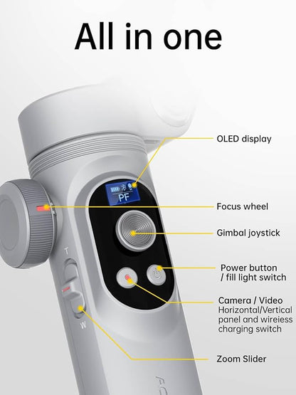AOCHUAN iPhone Gimbal, 3-Axis Gimbal Stabilizer for Smartphone w/RGB Magnetic Fill Light Portable with Fous/Zoom Wheel for Vlog, Compatible with iPhone 15 Pro Max/Android-Smart X Pro Kit Gray