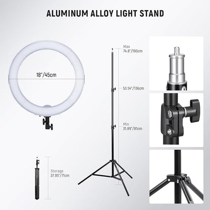NEEWER 18 Inch/45cm LED Ring Light with Tripod Stand, Phone Holder, 58W 5600K Large Selfie Ringlight Compatible with iPhone Camera for Streaming Makeup Studio Photo Video Recording Filming, RL-18