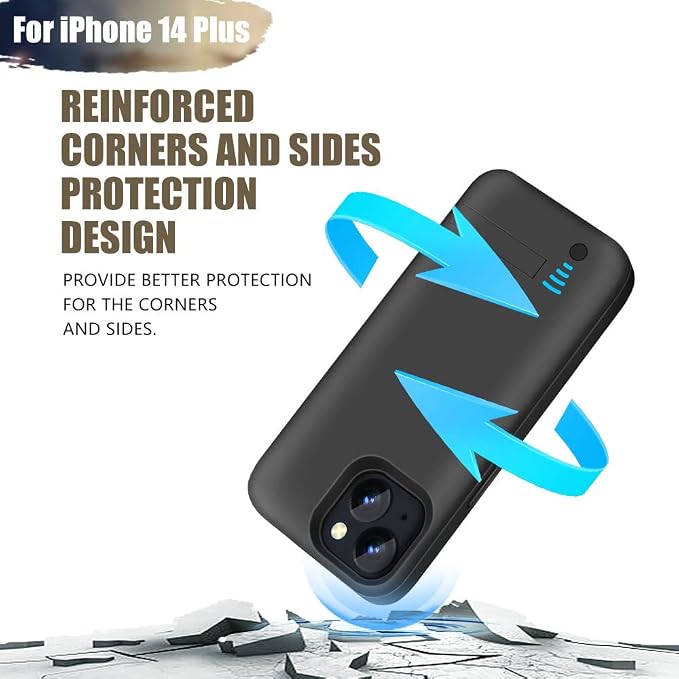 Battery Case for iPhone 14 Plus, 6000mAh Rechargeable Extended Battery Charging Charger Case, Add 100% Extra Juice (6.7 Inches) Black