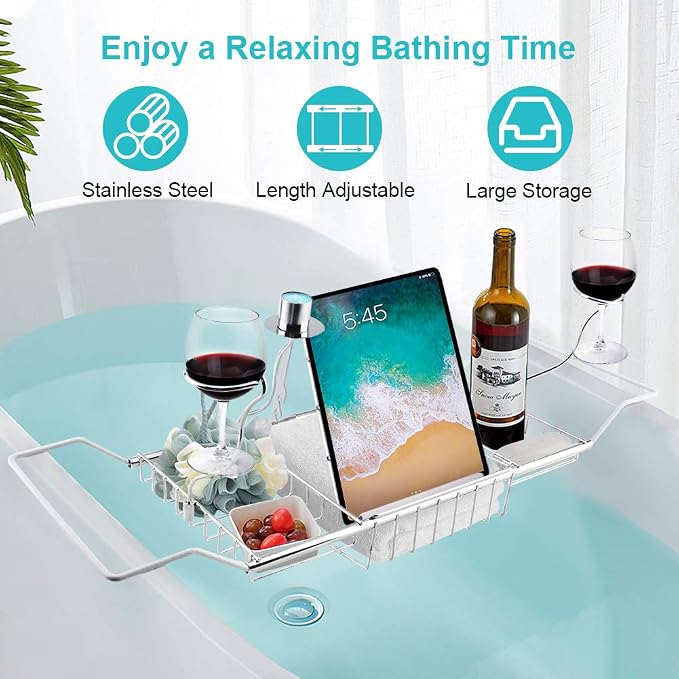 Bath Tray for Tub, Adjustable Bathtub Caddy Tray with Extending Side, Metal Bathtub Shelf Expandable Storage Rack Organizer with Wine Glass and Phone Holder for Home Bathroom Luxury Bathing, Silver