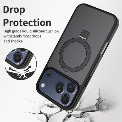 Ultra-Magnetic Stand for iPhone 17 Pro Max Case [Military Drop Protection] [Compatible with MagSafe] Shockproof Translucent Matte Slim Ring Holder Case for iPhone 17 Pro Max (Black)