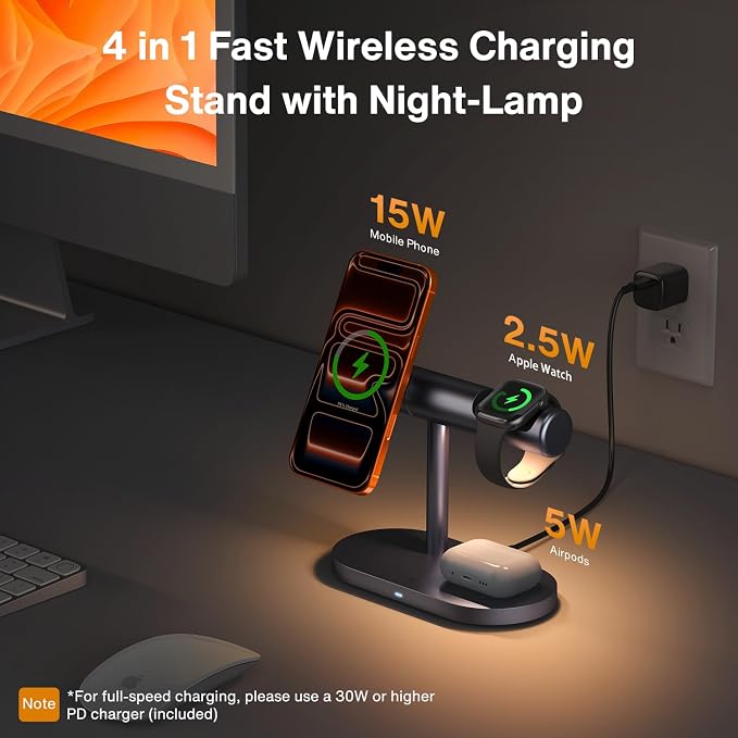 iVANKY 4 in 1 Qi2 Certified Wireless Charger Stand for iPhone 17e, Night Light for MagSafe Charging Station, 25W Charge for iPhone 17/16/15/14/13 Plus/Pro/Max,Apple iWatch, Airpods (with 33W Adapter)