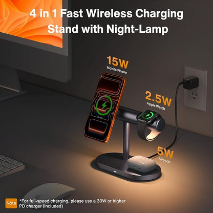 iVANKY 4 in 1 Qi2 Certified Wireless Charger Stand for iPhone 17e, Night Light for MagSafe Charging Station, 25W Charge for iPhone 17/16/15/14/13 Plus/Pro/Max,Apple iWatch, Airpods (with 33W Adapter)