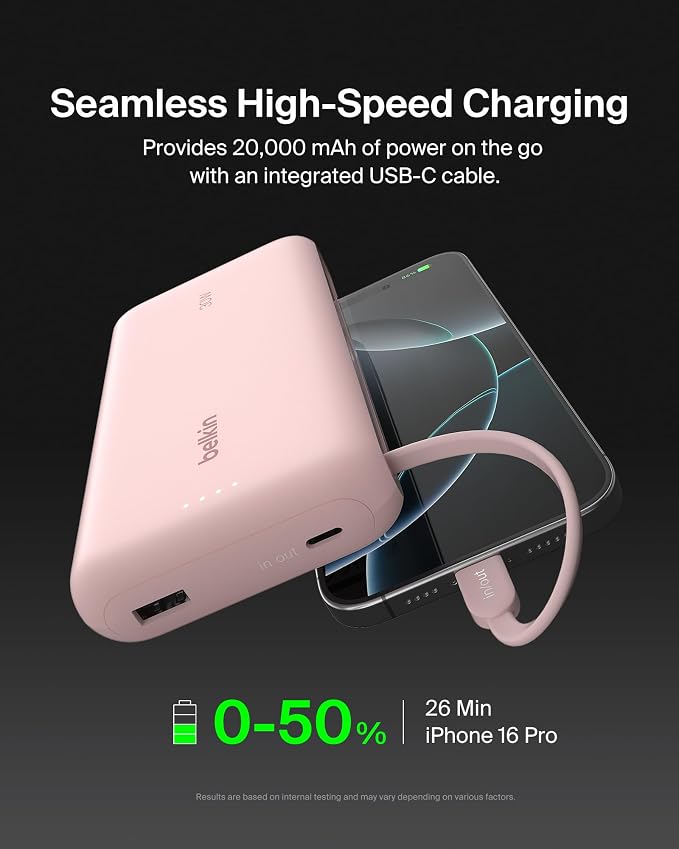 Belkin Power Bank with Integrated Cable, Fast Charging USB-C, 20000 mAh 30W, Portable Charger Power Bank USB C for iPhone 17, Air, Pro, Pro Max, iPad, AirPods, Apple Watch, Galaxy S25, & More - Pink