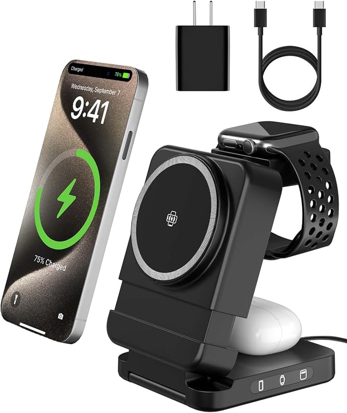 3 in 1 Foldable Wireless Charger, 15W Qi2 Magnetic Charger Stand for iPhone & Samsung, Apple Watch & Galaxy Watch, AirPods & Galaxy Buds, Travel-Friendly, 25W PD Adapter Included