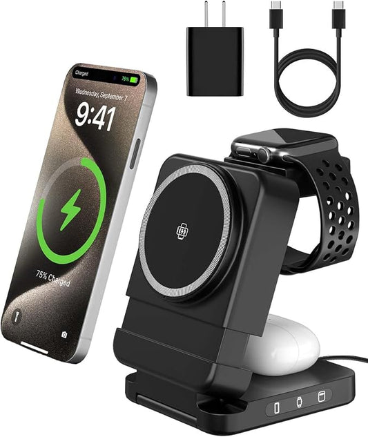 3 in 1 Foldable Wireless Charger, 15W Qi2 Magnetic Charger Stand for iPhone & Samsung, Apple Watch & Galaxy Watch, AirPods & Galaxy Buds, Travel-Friendly, 25W PD Adapter Included