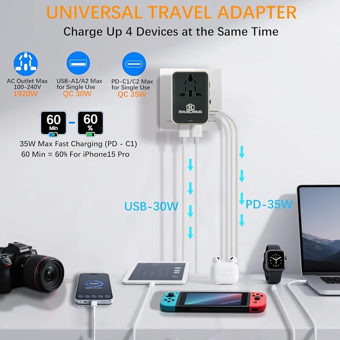 Worldwide 35W Travel Adapter Fast Charger 4-in-1 International Wall Plug with 2 USB-A & 2 USB-C Ports, All-in-One AC Outlet for US, UK, EU, AUS, Asia