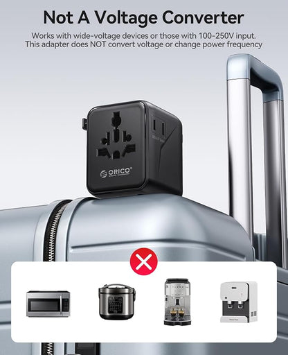 ORICO Universal Travel Adapter 100W GaN International Power Adapter | 7 in 1 (2 AC, 3 USB-C, 2 USB-A) European Travel Plug Adapter, Built-in Retractable USB-C Cable for Eu UK AU 200+ Countries