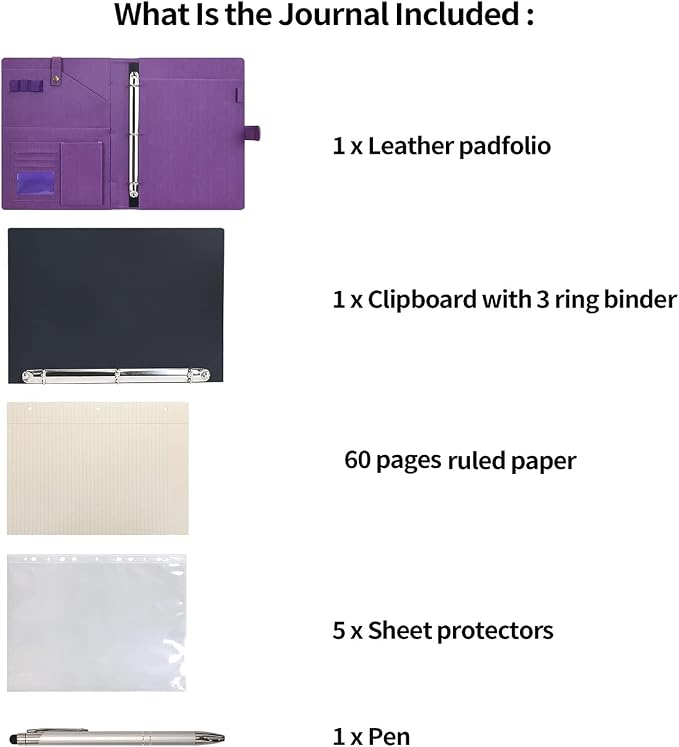 Wonderpool A4 PU Leather Portfolio Holder Ring File Document Case with Removable Binder Clipboard, Multi Pocket and Legal Pad for Business Organizer Interview and Meeting (Purple)