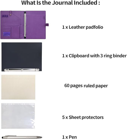 Wonderpool A4 PU Leather Portfolio Holder Ring File Document Case with Removable Binder Clipboard, Multi Pocket and Legal Pad for Business Organizer Interview and Meeting (Purple)