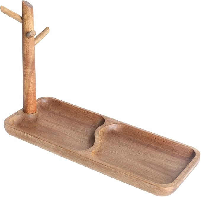 Wood Key Tray for Entryway Table, Jewelry Tray, Catchall Tray with 3 Stand Hanging Organizer, for Rings, Phone, Bracelets Watches