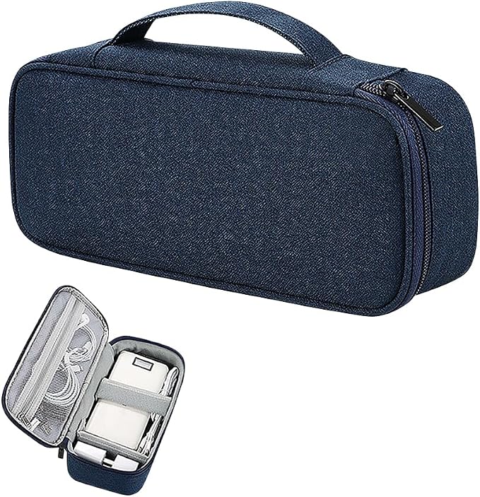 GSHLLO Waterproof Electronic Storage Bag Charge Cord Organizer Travel Case Portable Tech Zipper Pouch Charging Cable Carry Pouch Power Bank Holder Case with Compartments and Handle Navy Blue