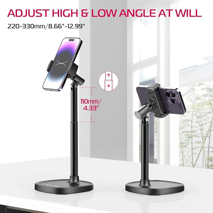 ULANZI Cell Phone Stand Mount for Desk, Vijim HP004 Adjustable Height & Angle Phone Holder, 360 Degree Rotating Desktop Phone Stand Compatible with iPhone, Samsung and All Phones