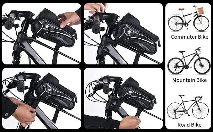 WOLFILIST Bike Bag - Waterproof Bike Frame Bag with Sun-Visor Rain Cover, Bike Phone Holder with TPU Sensitive Touch Screen, Handlebar Bag Bicycle Accessories, Large Capacity Suitable Phone Under 7"