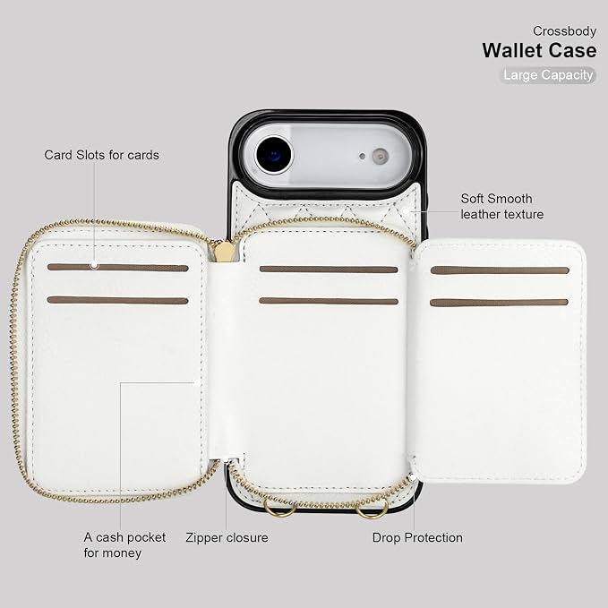 Bocasal Crossbody Wallet Case for iPhone 17 Air, RFID Blocking PU Leather Zipper Handbag Purse Flip Cover, Kickstand Folio Case with Card Slots Holder Wrist Strap Lanyard 5G 6.5 Inch (White)