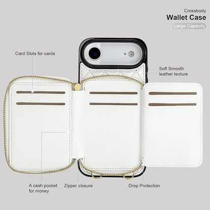 Bocasal Crossbody Wallet Case for iPhone 17 Air, RFID Blocking PU Leather Zipper Handbag Purse Flip Cover, Kickstand Folio Case with Card Slots Holder Wrist Strap Lanyard 5G 6.5 Inch (White)
