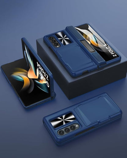 Viaotaily Kickstand Designed for Galaxy Z Fold 4 Case, Built-in Card Holder & Camera Cover & Hinge Protection, Upgrade Shockproof Durable Wallet Rugged Phone Case for Galaxy Z Fold4 2022,Blue