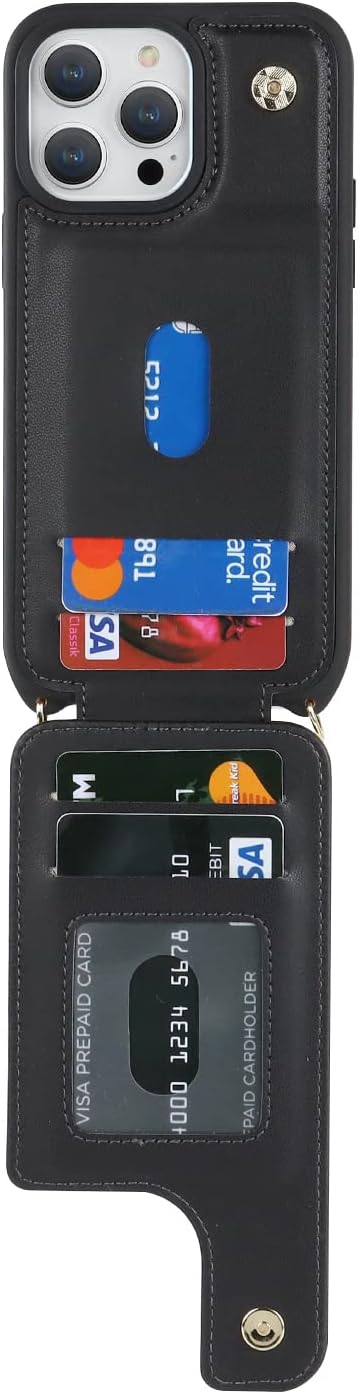 Lipvina for iPhone 13 Pro Max/iPhone 12 Pro Max Case with Card Holder for Women,Crossbody Strap Lanyard,Credit Card Holder,Ring Stand,Snap Clasp,Cute Wallet Case 6.7 inch (Black)