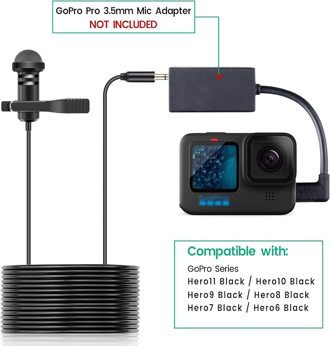weishan Lavalier Mic Compatible with GoPro HERO11 Black, HERO10，HERO9 Action Cameras, Media Mod, Max - Lapel Microphone 3.5mm, 10ft