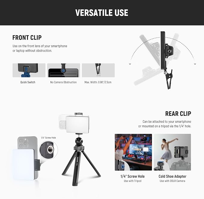 NEEWER BASICS VL67B Phone Selfie Light for iPhone with APP Control, Bi Color 2000mAh Clip On Fill Light for Vlogging Recording Live Streaming, Computer/Laptop/Webcam/Monitor Video Conference Lighting