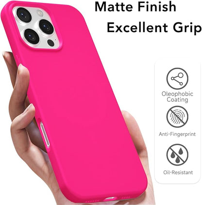 for iPhone 16 Pro Max Case Silicone Compatible with Magsafe Case, Ultra Slim Thin Magnetic Phone Cases Mag Safe, Cute Soft Rubber Gel TPU Matte Plain Wireless Charging Cover for Women, Hot Pink