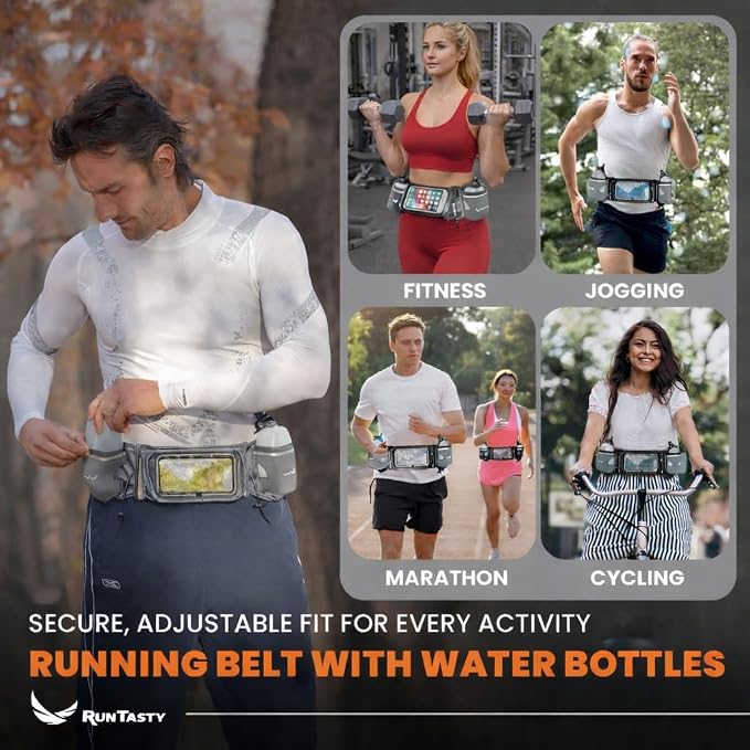 No.1 Hydration Belt by Runtasty - Premium Running Fuel Belt w/2 BPA-Free 10 oz Water Bottles, Tilt-Up Pocket w/Touchscreen-Ready Cover - Fits All iPhones, Runners Ebook & No-Bounce Design