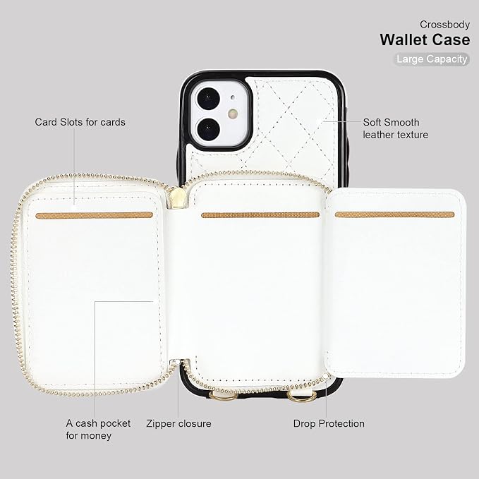 Bocasal Crossbody Wallet Case for iPhone 11, RFID Blocking PU Leather Zipper Handbag Purse Flip Cover, Kickstand Folio Case with Card Slots Holder Wrist Strap Lanyard 6.1 Inch (White)