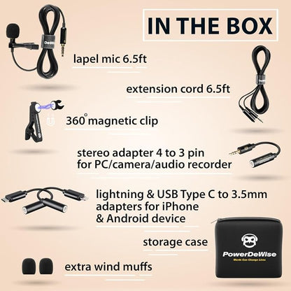 PowerDeWise Professional Grade Lavalier Clip On Microphone - Lav Mic for Camera Phone iPhone GoPro Video Recording ASMR - Small Noise Cancelling 3.5mm Tiny Shirt Microphone with Easy Clip On System