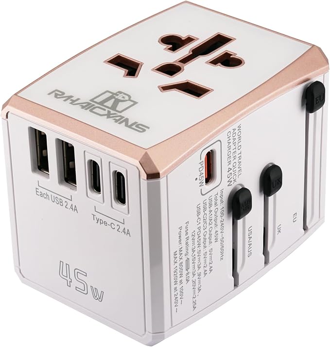 Universal Travel Adapter 45W with 5 Ports (3 USB-C, 2 USB-A) Worldwide Charger for USA, Europe, UK, Australia, Asia & 150+ Countries International Power Plug