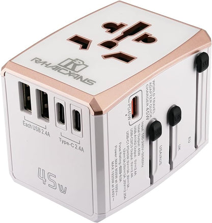 Universal Travel Adapter 45W with 5 Ports (3 USB-C, 2 USB-A) Worldwide Charger for USA, Europe, UK, Australia, Asia & 150+ Countries International Power Plug