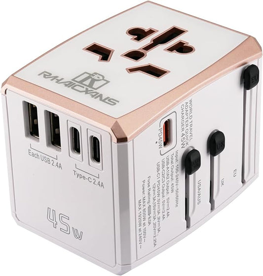 Universal Travel Adapter 45W with 5 Ports (3 USB-C, 2 USB-A) Worldwide Charger for USA, Europe, UK, Australia, Asia & 150+ Countries International Power Plug