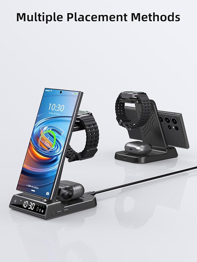 Wireless Charger Samsung Charging Station: 3 in 1 Android Charging Stand with Dimmable Clock - Nightstand Organizer for Galaxy S25 Ultra S24, Galaxy Watch 8 7 6 5 4, Galaxy Buds, Space-Saving Charger