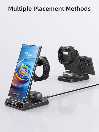 Wireless Charger Samsung Charging Station: 3 in 1 Android Charging Stand with Dimmable Clock - Nightstand Organizer for Galaxy S25 Ultra S24, Galaxy Watch 8 7 6 5 4, Galaxy Buds, Space-Saving Charger
