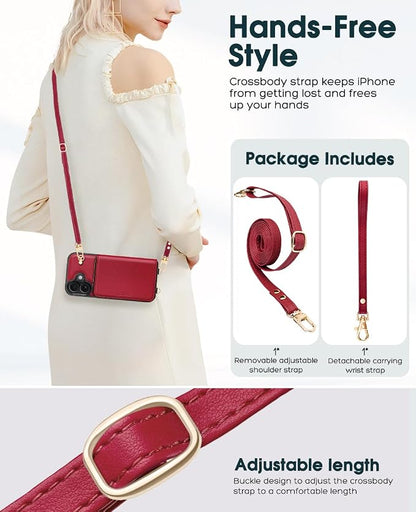 OCASE Compatible with iPhone 16 Crossbody Wallet Case with Card Holder, PU Leather Zipper Handbag Phone Purse with RFID Blocking Kickstand Wrist Strap Lanyard 6.1 Inch, Dark Red